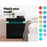 Bedside Tables Side Table Drawers RGB LED High Gloss Nightstand Black