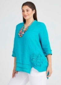 Linen Seascape Applique Top in Blue in sizes 12 to 24