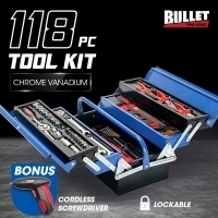 BULLET 118pc Metal Cantilever Tool Kit Box Set with Cordless Screwdriver, Blue & Black