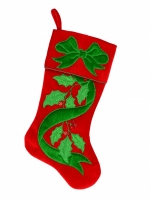 Red Velvet With Green Bow & Mistletoe Applique Christmas Stocking - 48cm