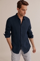 Navy Slim Fit Organically Grown Linen Shirt - Casual Shirts