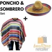 MEXICAN PONCHO & SOMBRERO SET Costume Wild West Cowboy Party Blanket Indian