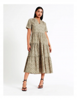 Basque Tiered Organic Cotton Midi Dress In Assorted