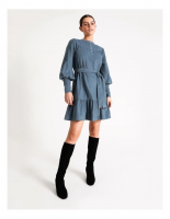 Basque Cord Tiered Mini Dress Winter Blue