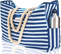 Beach Bag XXL. 100% Waterproof. L22 xH15 xW6 (56x38x15cm) w Rope Handles, Top Magnet Clasp, Outside Pockets. Blue Stripes
