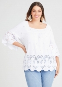 Natural Broderie Boho Top in White in sizes 12 to 24