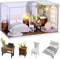 CUTEROOM DIY Miniature House Kit Wooden Furniture - Tiny House Kit with Dust Cover & LED Light and Accessories - QT Series
