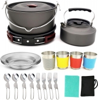 Union Army 22pcs Camping Cookware Mess Kit Large Size Hanging Pot Pan Kettle with Base Cook Set for 4 Cups Dishes Forks Spoons